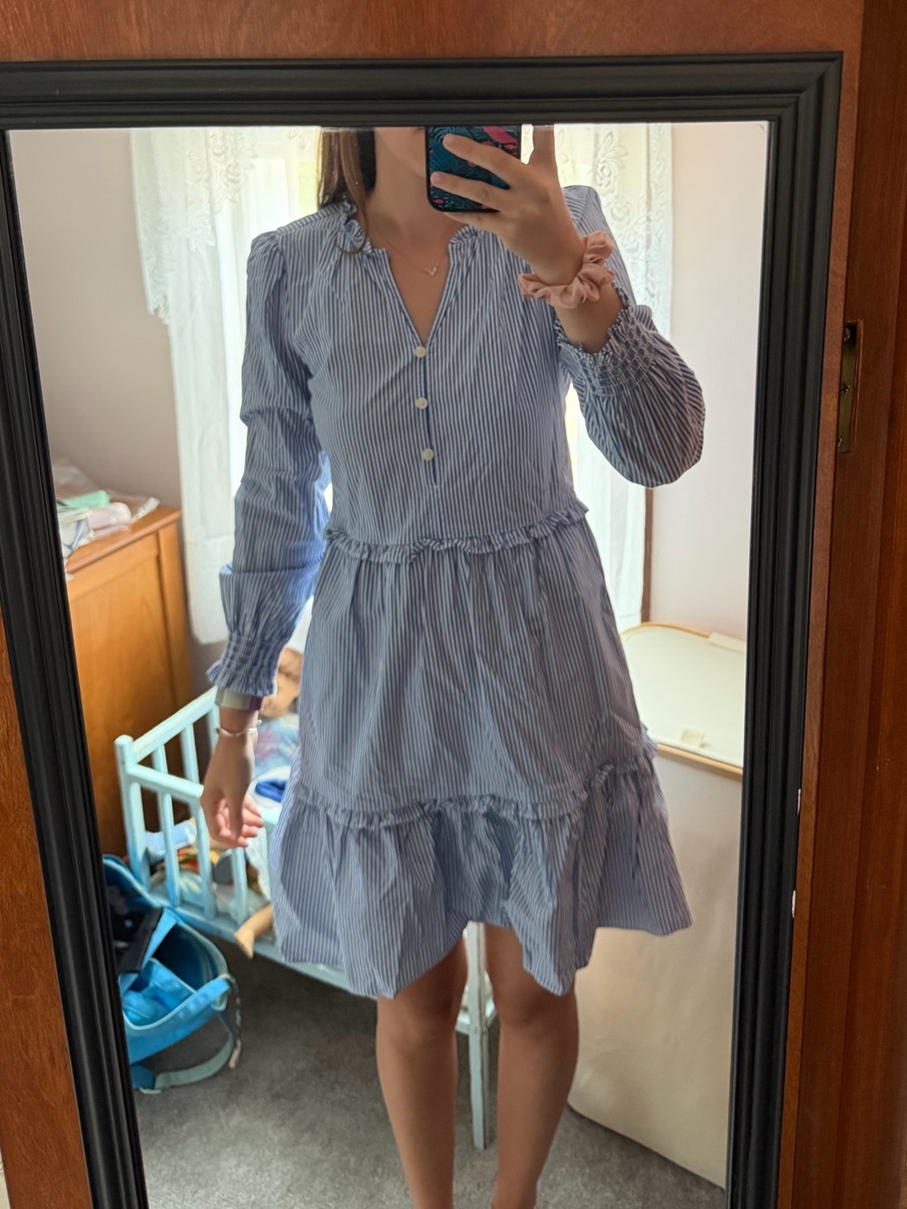 J. Crew Blue and White Striped Ruffle Collar Blouse